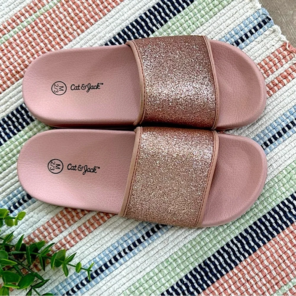 New Cat & Jack Girls Rose Pink Glitter Slide Sandals Size Medium 2/3